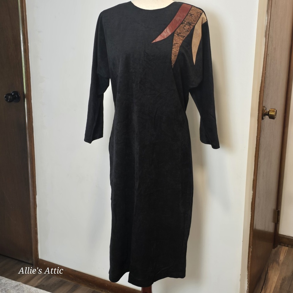 80s Black Velvet Cocktail Midi Dress Vintage Long Sleeve Tan Brown Animal Print
